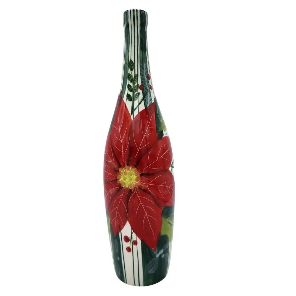 Nantucket Home Vintage Red Poinsettia Ceramic Bottle Vase Holiday Decor‎ 11.7